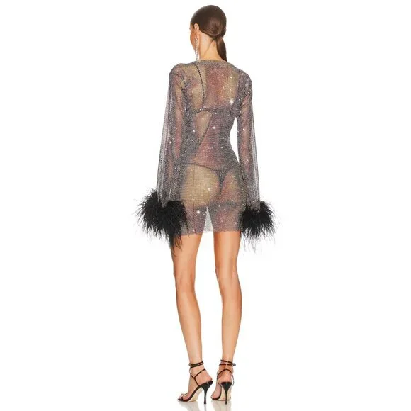 Santa Brands Black Rhinestone Ostrich Feather Mini Dress - Picture 8 of 11
